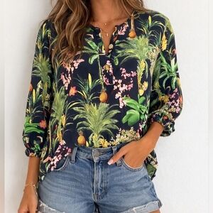 Vilagallo Size 40 Medium Blouse Tropical Pineapple Print 100% Cotton Boho Tunic